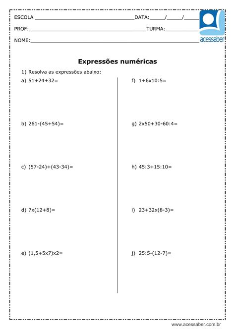 atividade de expressões numéricas pdf